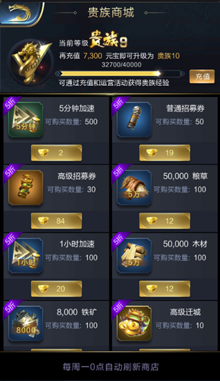 《亂世王者》貴族等級(jí)提升及價(jià)格介紹