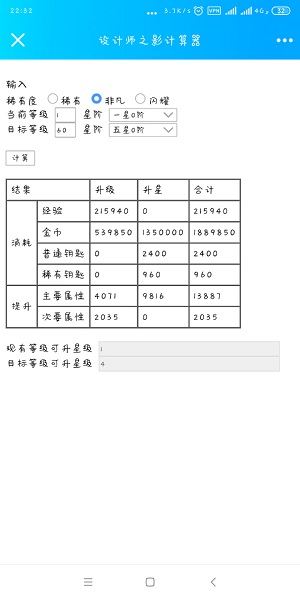 《閃耀暖暖》設(shè)計(jì)師之影升級(jí)計(jì)算器