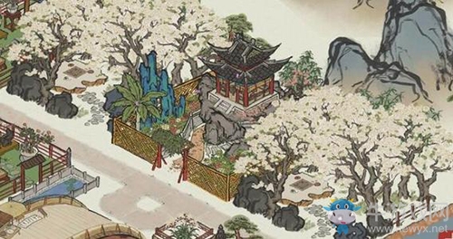 《江南百景圖》人工湖和白色花樹林布局方法