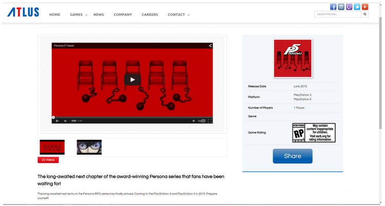 《女神異聞錄5》發售日泄露：或將于2015年發售