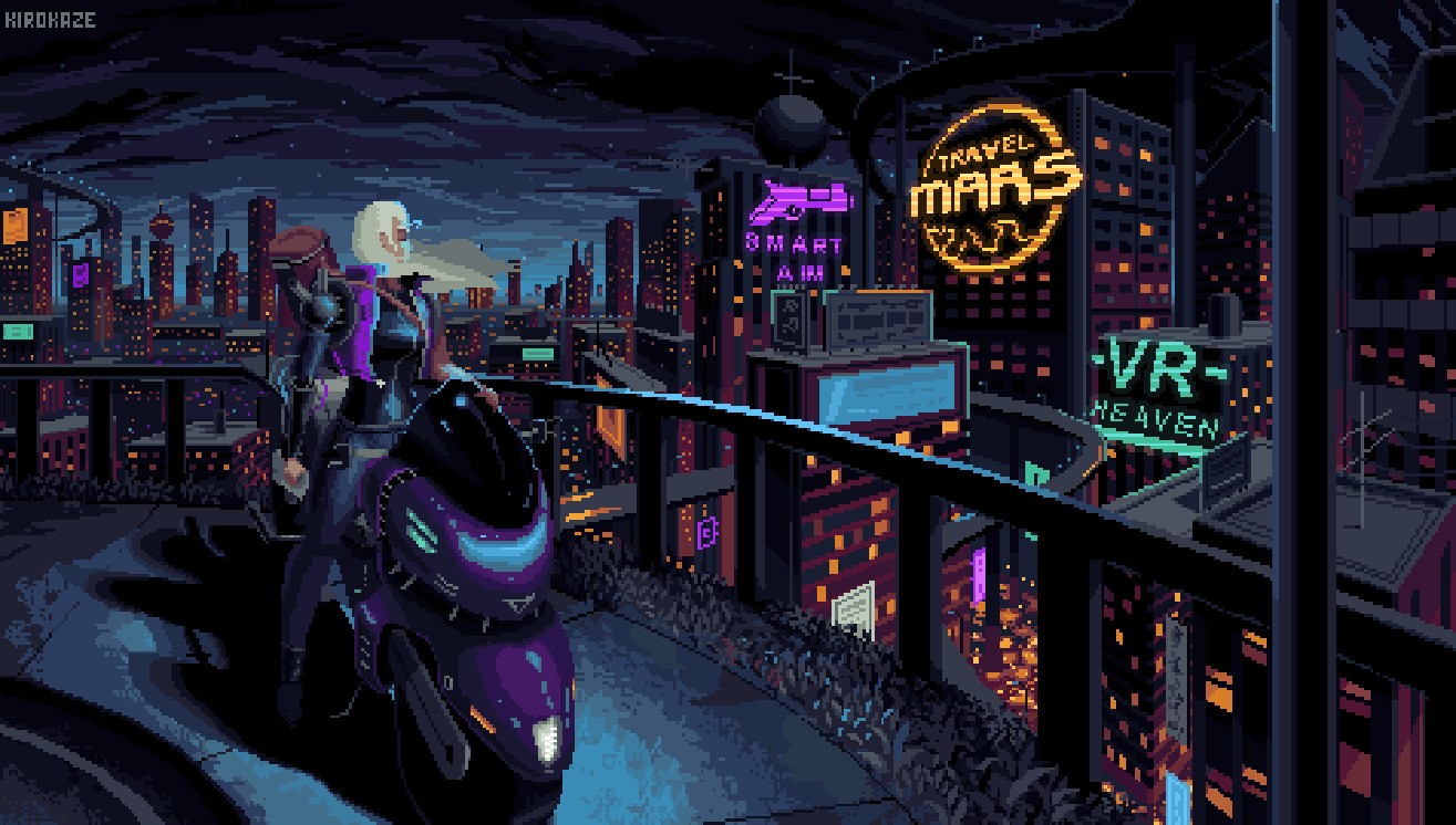 《Wallpaper Engine》像素風霓虹城市與機車動態壁紙