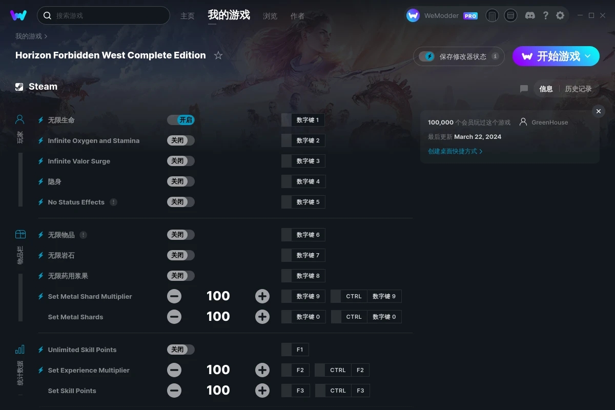 《地平線：西之絕境》v2024.03.22二十項修改器[GreenHouse]