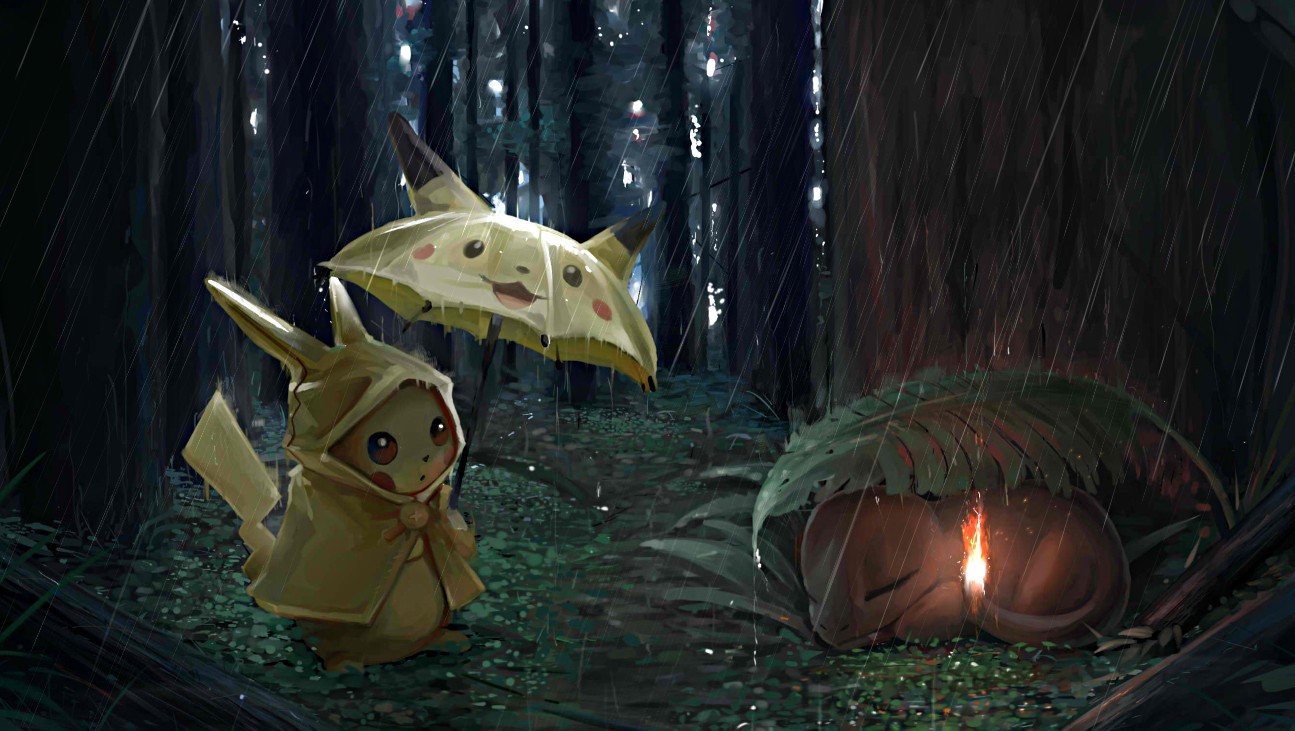 《Wallpaper Engine》雨天林中的皮卡丘和小火龍動態壁紙