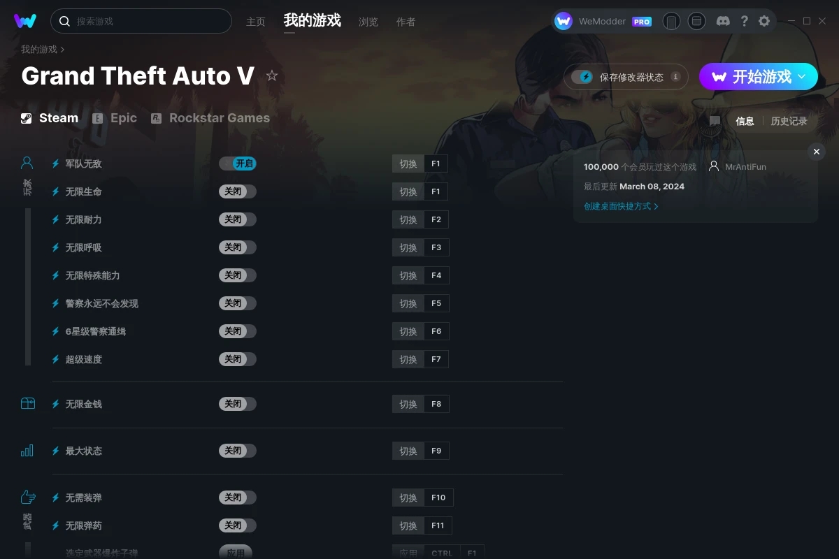 《俠盜獵車手5》v2024.03.08十七項修改器[MrAntiFun]