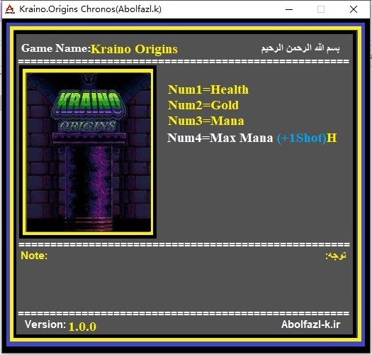 《Kraino Origins》v1.0四項(xiàng)修改器[Abolfazl]