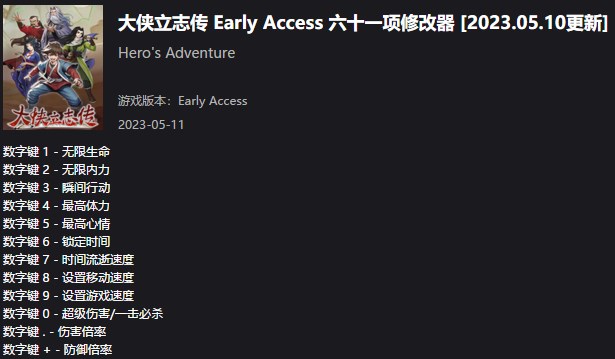 《大俠立志傳》Early Access六十一項修改器v2023.05.10風靈月影版