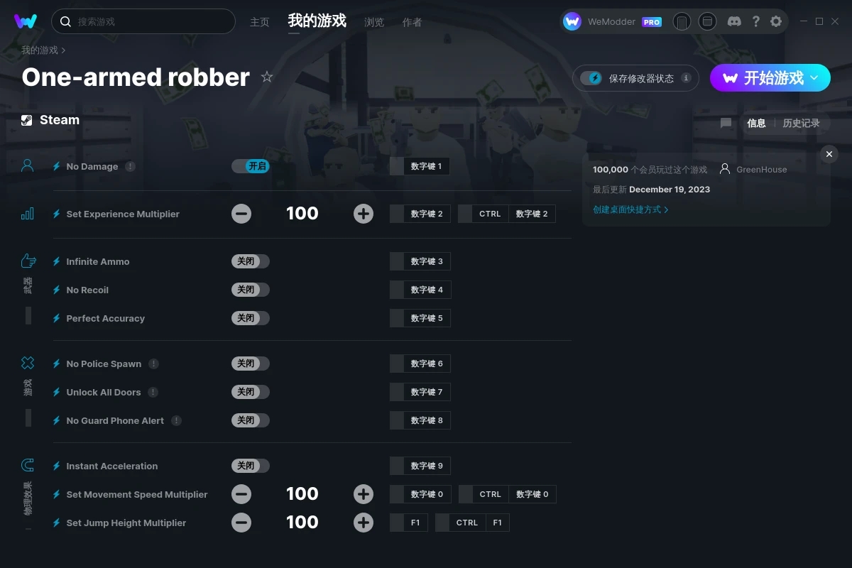 《獨臂強盜》v2023.12.19十一項修改器[GreenHouse]