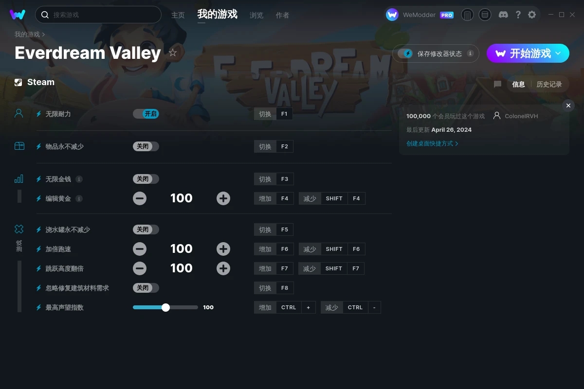 《夢幻谷》v2024.04.26九項修改器[GreenHouse]