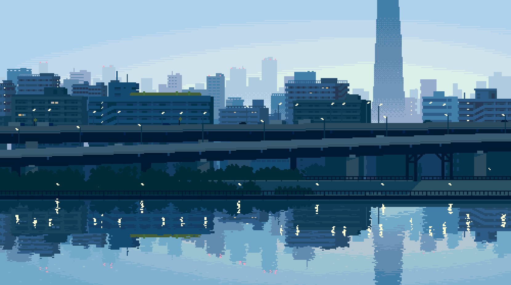 《Wallpaper Engine》像素風江橋與城市動態壁紙