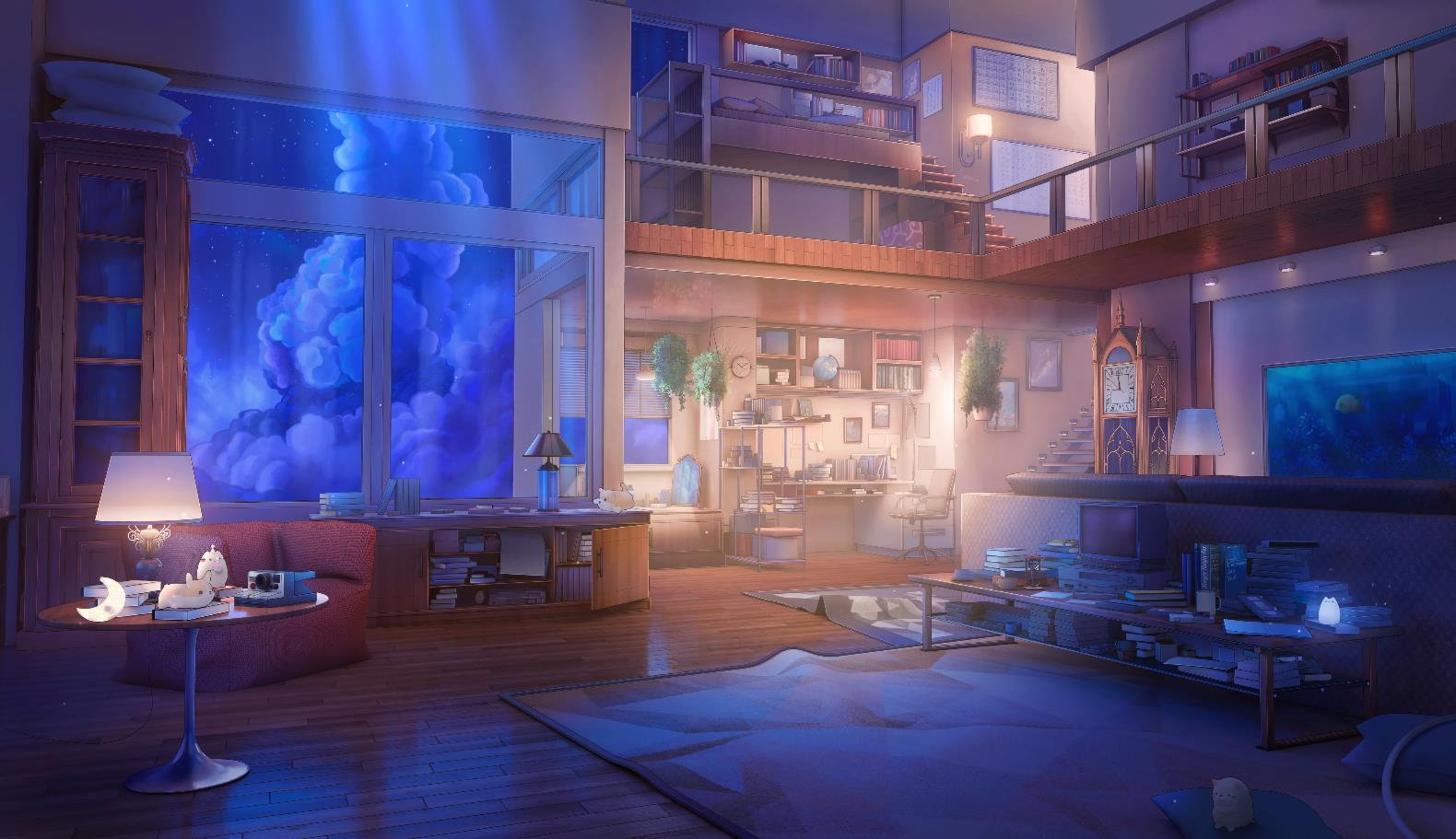 《Wallpaper Engine》藍(lán)色云霧中的房間室內(nèi)動(dòng)態(tài)壁紙