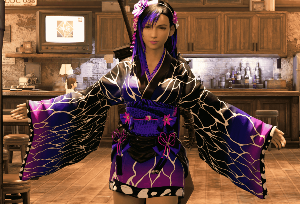《最終幻想7：重制版》蒂法紫羅蘭花紋和服MOD