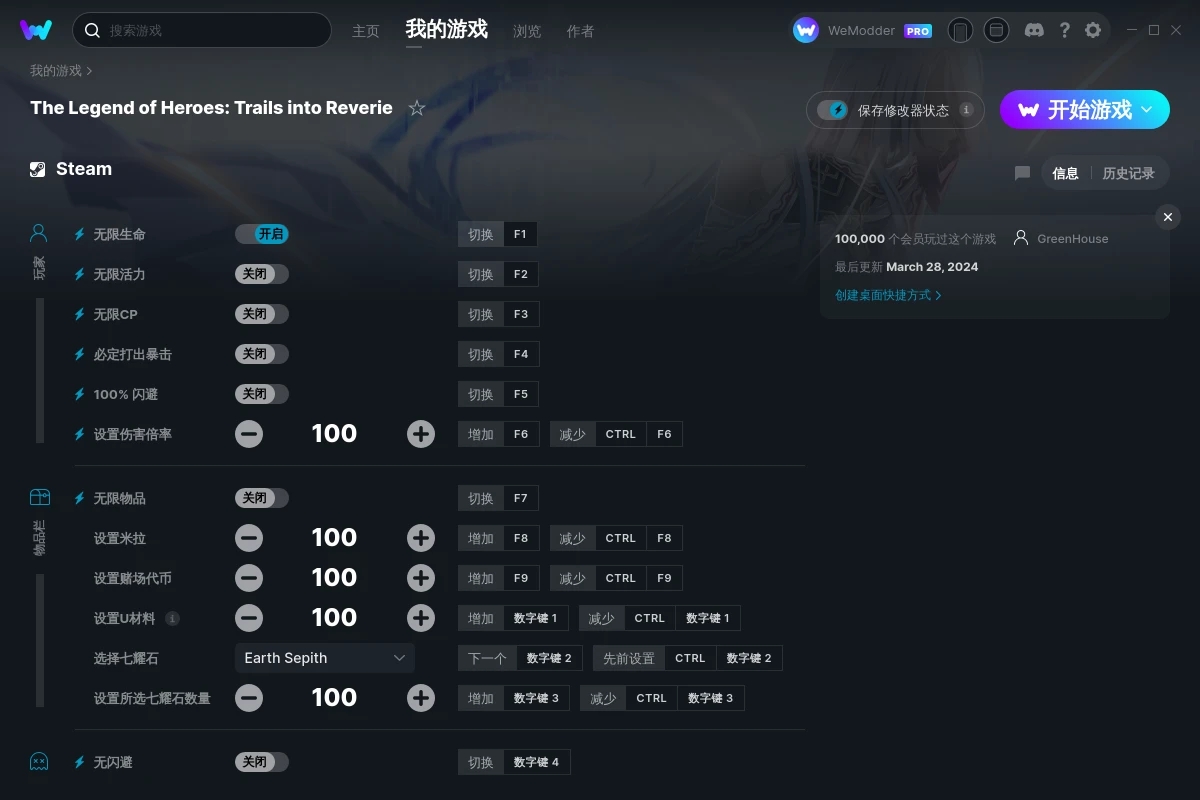 《英雄傳說：創(chuàng)之軌跡》v1.1.4十三項修改器[GreenHouse]