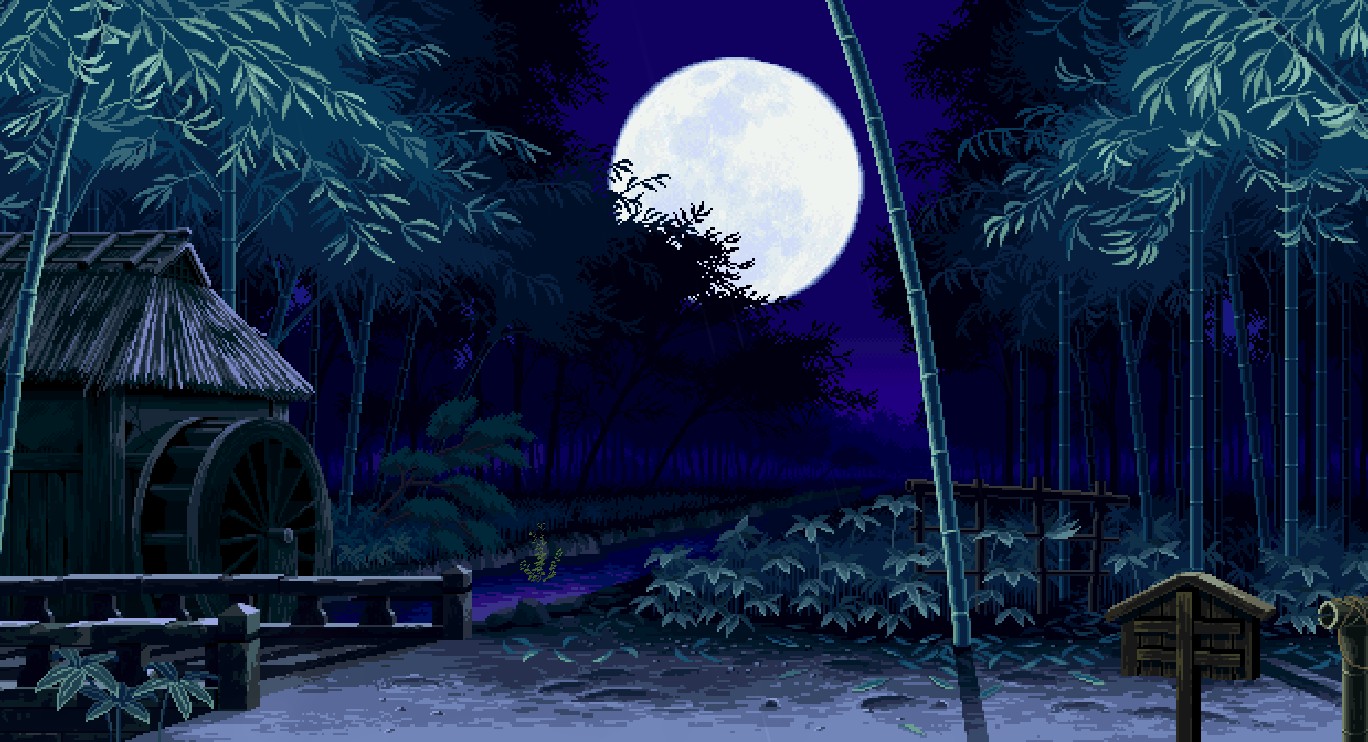 《Wallpaper Engine》像素風竹林水車小溪夜晚動態(tài)壁紙