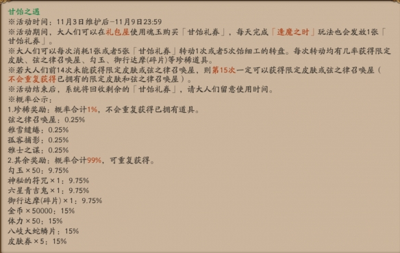 《陰陽師》甘飴之遇活動(dòng)轉(zhuǎn)盤獎(jiǎng)勵(lì)及獲取概率解析