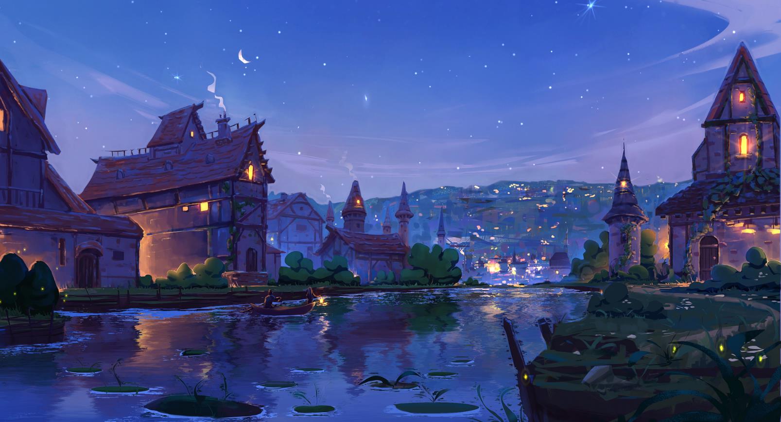 《Wallpaper Engine》中世紀風村莊河流繪圖動態壁紙
