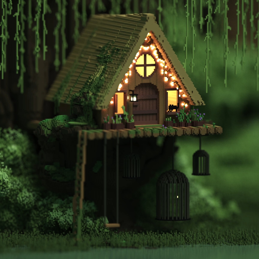 《Wallpaper Engine》雨林木屋立體像素畫動態壁紙