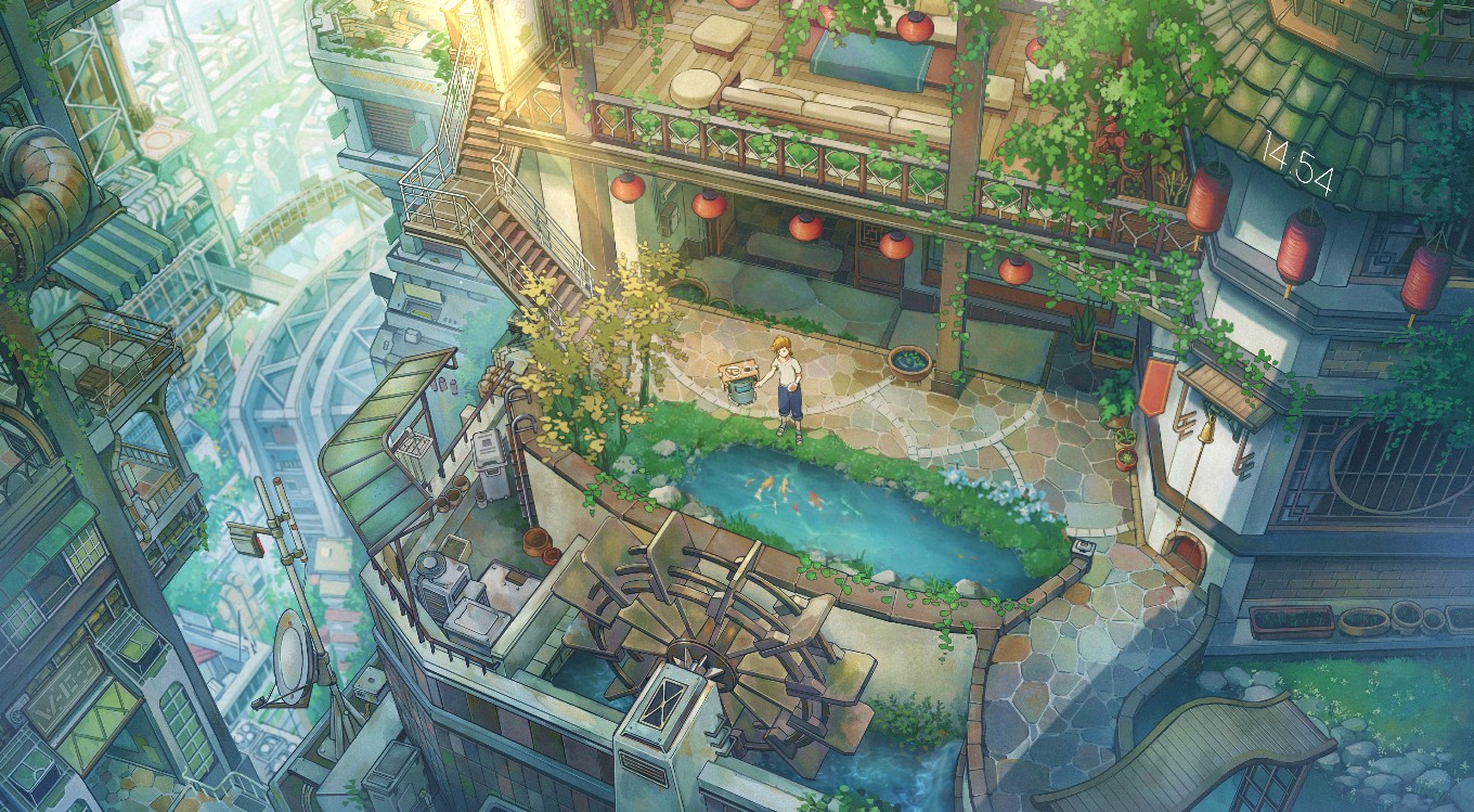《Wallpaper Engine》高樓小院手繪風(fēng)動(dòng)態(tài)壁紙