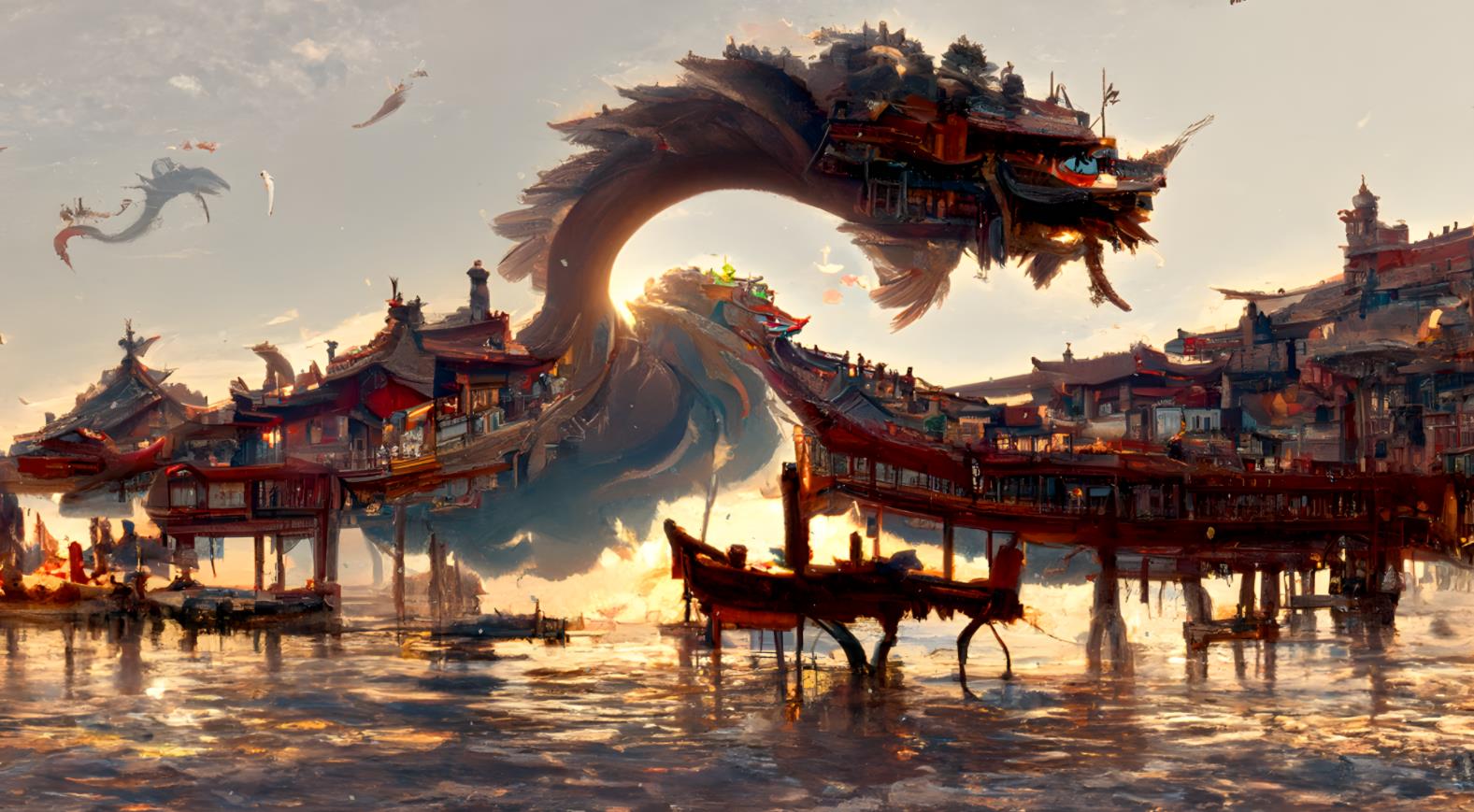 《Wallpaper Engine》水上古風建筑繪圖動態壁紙