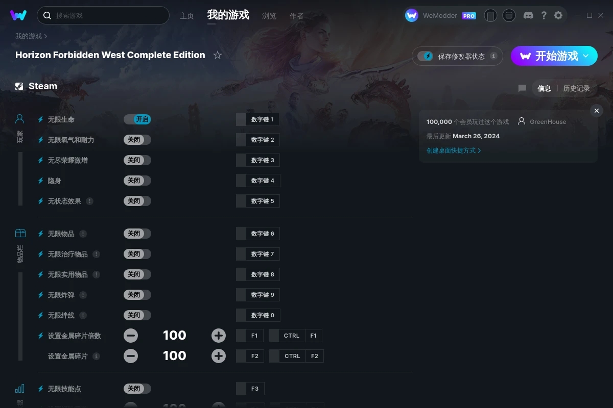 《地平線：西之絕境》v2024.03.26二十二項修改器[GreenHouse]