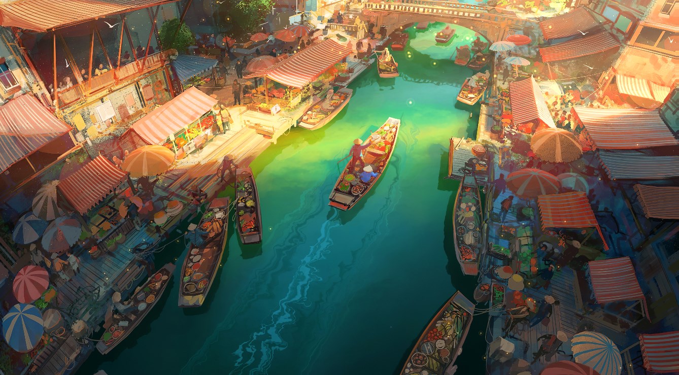 《Wallpaper Engine》水上之城的集市繪圖動態壁紙