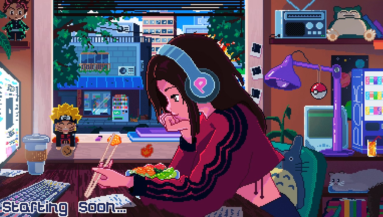 《Wallpaper Engine》像素風電腦前吃飯聽歌的少女動態壁紙