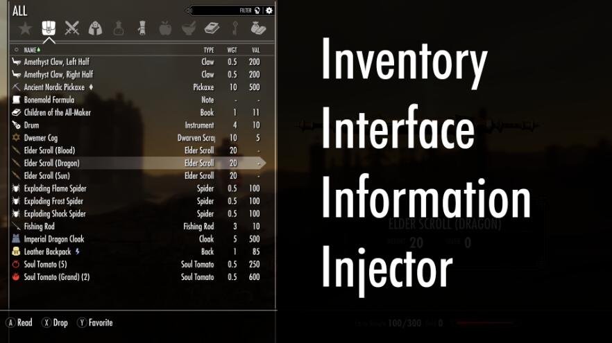 《上古卷軸5：天際重制版》背包界面信息注入框架MOD