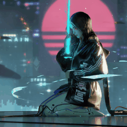 《Wallpaper Engine》賽博朋克跪坐持劍的機械人少女動態壁紙