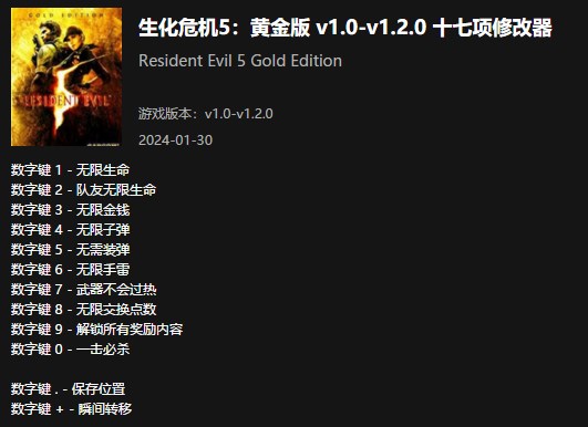 《生化危機5：黃金版》v1.0-v1.2.0十七項修改器風靈月影版