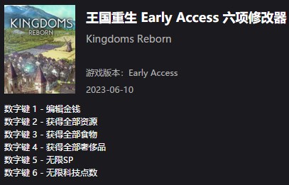 《王國重生》Early Access六項修改器v2023.06.09風靈月影版
