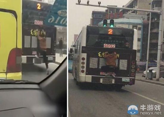 國產阿三“壁虎哥”  扒公交尾部省車錢