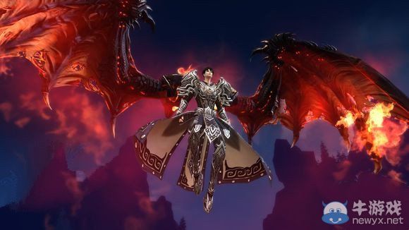 《天諭》新龍翼蔽日翅膀飛升后的外觀展示：火焰環繞