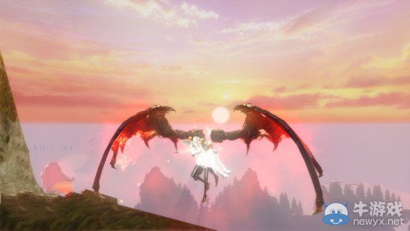 《天諭》新龍翼蔽日翅膀飛升后的外觀展示：火焰環繞