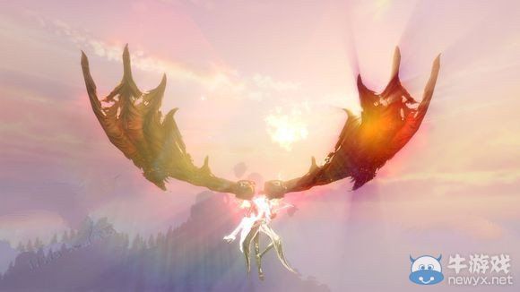 《天諭》新龍翼蔽日翅膀飛升后的外觀展示：火焰環繞