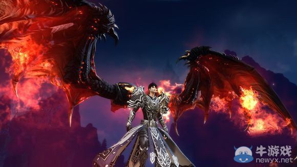 《天諭》新龍翼蔽日翅膀飛升后的外觀展示：火焰環繞