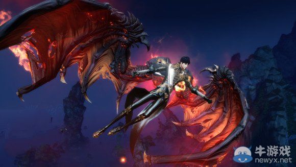 《天諭》新龍翼蔽日翅膀飛升后的外觀展示：火焰環繞