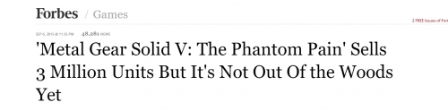 《合金裝備5：幻痛》銷量超300萬：未盈利仍虧損