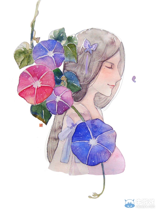 聽風攬枂水彩作品一枚 喇叭花天香小像