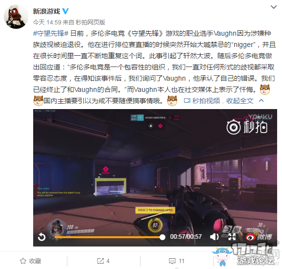 守望先鋒職業(yè)選手被開除：辱罵黑人疑種族歧視