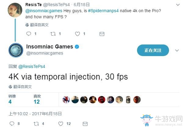 PS4《蜘蛛俠》官推：并非原生4K 使用即時插入技術