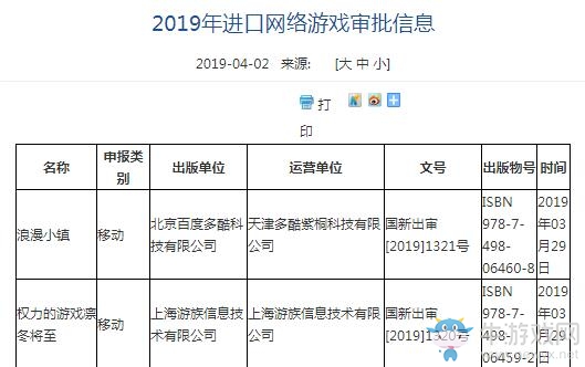 2019年進口網絡游戲審批信息