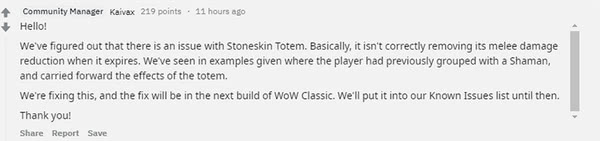 《魔獸世界》懷舊服石膚圖騰問題將在近期得到修復